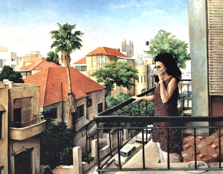 Morning Coffee, Shabat, Tel Aviv - Imaginative Realism Painting by Howard Fox Contemporary Realist Painter